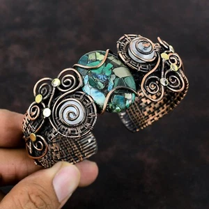 Copper Azurite Malachite Wire Wrapped Adjustable Cuff Handcrafted Copper Bangle - Picture 1 of 6