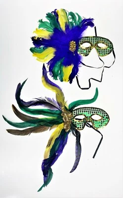 2 Feather Mardi Gras Masquerade Ball Party Masks Wall Decor Carnival - Image 1 of 4