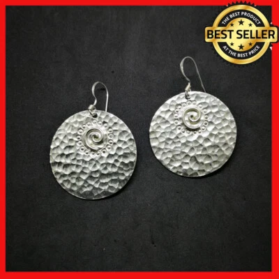 Pendientes finos de plata 925 martillo textura redondo espiral filigrana gancho Foto 1 de 4