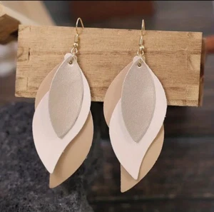 3 layer Leaf Design Retro Dangle Earrings PU Leather Exquisite Gift Women New - Picture 1 of 4