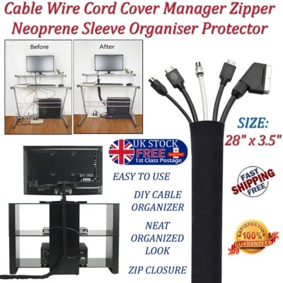 2x Cable Wire Cord Cover Manager Neoprene Cable Tidy Sleeve Organiser 28" x 3.5" - Image 1 of 4