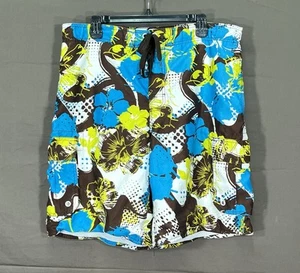 OCEAN PACIFIC Brown/Aqua FLORAL Mesh Lined BOARD SHORTS SWIM TRUNKS Sz L (36/38) - Picture 1 of 5