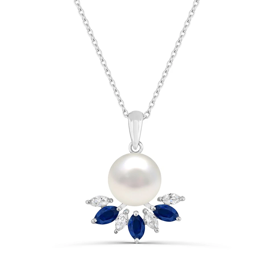 Colgante de plata de ley con perlas y zafiro blanco creado en laboratorio y perlas creadas en laboratorio Foto 1 de 1