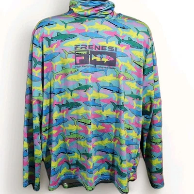 Camisa de pesca masculina manga longa com capuz Frenesi XL multicolorida tubarão mascarado UPF - Imagem 1 de 4