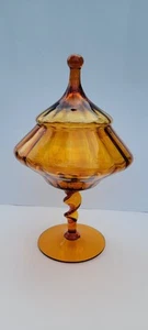 Vintage MCM Italienisch Bernstein Empoli Kunst Glas Dschinn Süßigkeiten Deckel Kompott Schale - Bild 1 von 11