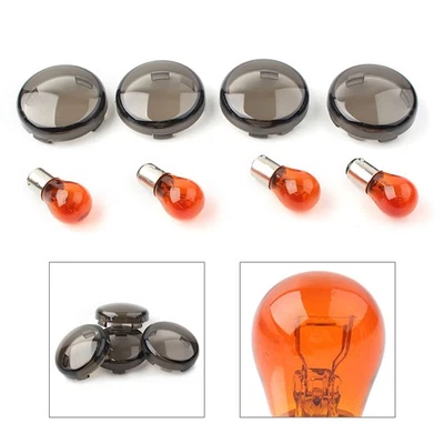 Fit Harley Softail Dyna Sportster 883 1200 4x Smoke Turn Signal Lens+Amber Bulbs - Image 1 of 4