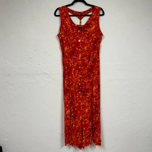 Vintage Scarlett orange Blumen Knopfleiste Midikleid Damen 14 1990er Sommer - Bild 1 von 13