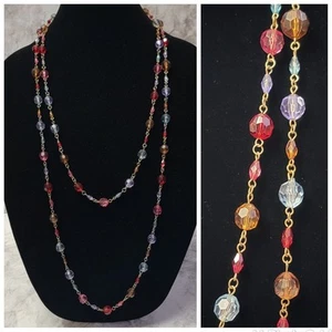 Multi Color Double Strand Beaded Necklace 34" Long Multistrand Gold-tone Jewelry - Picture 1 of 5