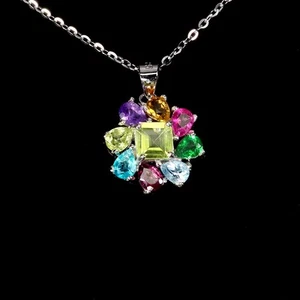 925 Sterling Silver Necklace Cushion Peridot Amethyst Citrine Gemstone 18inches - Picture 1 of 13