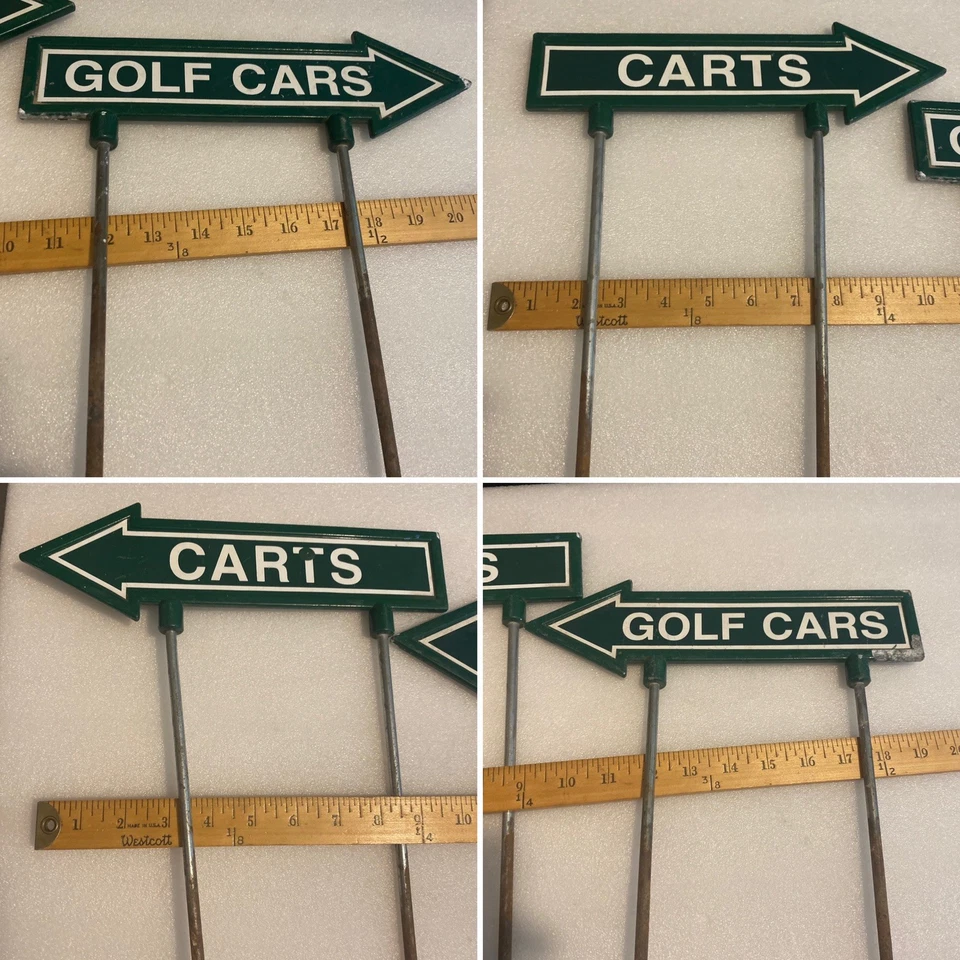 LOTE DE 2 CARRINHOS DE CAMPO DE GOLFE VINTAGE PLACAS DE FLECHA DE METAL CARRO CADDY CLUB HOUSE - Imagem 1 de 4