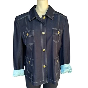 Petite Sophisticate Jacket Blue Chambray Pockets Button Blazer Women's 14 VTG - Picture 1 of 11