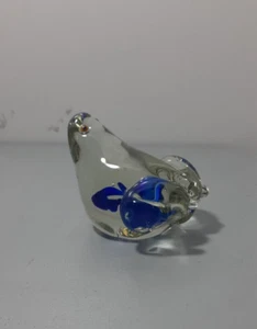 Retro Art Glass Hand Blown Frog Paperweight Clear & Blue Flower Bubble Center - Picture 1 of 9