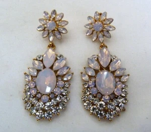 2 5/8" LARGE GLASS FAUX OPAL CRYSTAL RHINESTONES BRIDE DROP DANGLE CLIP EARRINGS - Picture 1 of 8