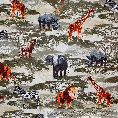 BonEful Fabric FQ Cotton Quilt Green Brown Gray Elephant Giraffe Cheetah Scenic - Image 1 of 4