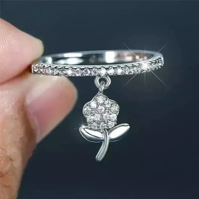 Round Cut Simulated Diamond Gorgeous Dangle Flower Ring In 14k White Gold Plated - Image 1 of 4