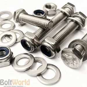 M4 A2 STAINLESS FULLY THREADED HEX BOLT SET SCREWS + NYLOC NUT + WASHERS HEXAGON - Picture 1 of 4