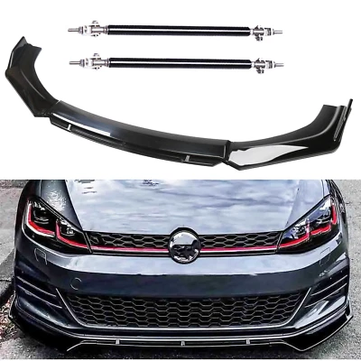 Gloss Black Front Bumper Lip Splitter Spoiler Strut Rods For VW For Golf - Image 1 of 4