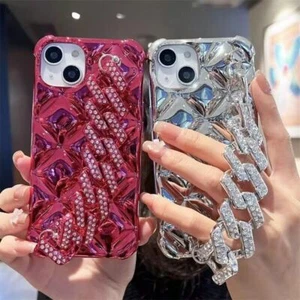 For iPhone 16 Pro Max 14 15 13 12 11 XS XR Luxury Rhinestone Diamond Chain Case - Photo 1 sur 33