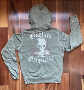 Vintage Men Juicy Couture Hoodie Mens Faded Gray Skull Graphic Outlaw Etiqutte