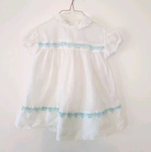 Vintage Kate Greenaway Baby Girl 6-9M? White Cotton Short Sleeve Dress Lace Blue - Picture 1 of 8