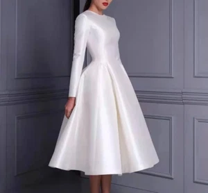 Elegant Tea Length A Line Wedding Dresses Long Sleeves White Satin Simple Bride - Picture 1 of 8