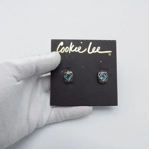 Cookie Lee Blue Rhinestone Pierced Earrings Silver Tone Scrolls Classic - Picture 1 of 11