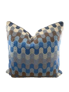 Jonathan Adler Bargello Waves Pillow Square Needlepoint Blue Geometric Wool Down - Picture 1 of 9