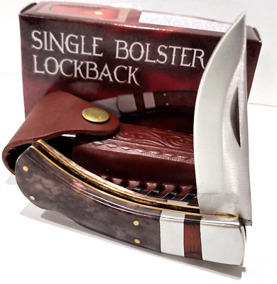 Buck Brown Bone Hunting Skinning Lockback Folding Pocket Knife + Leather Sheath - Image 1 of 4