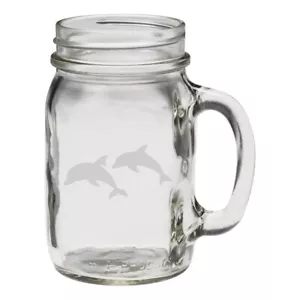 Awesome Swimming Dolphins 12 oz Hand Etched Glass Mason Jar Mug - Picture 1 of 1