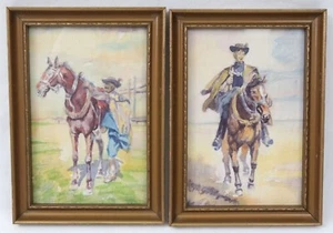 Vintage kleines Aquarell Gemälde Paar auf Stoff Western Cowboy auf Pferd - Bild 1 von 9