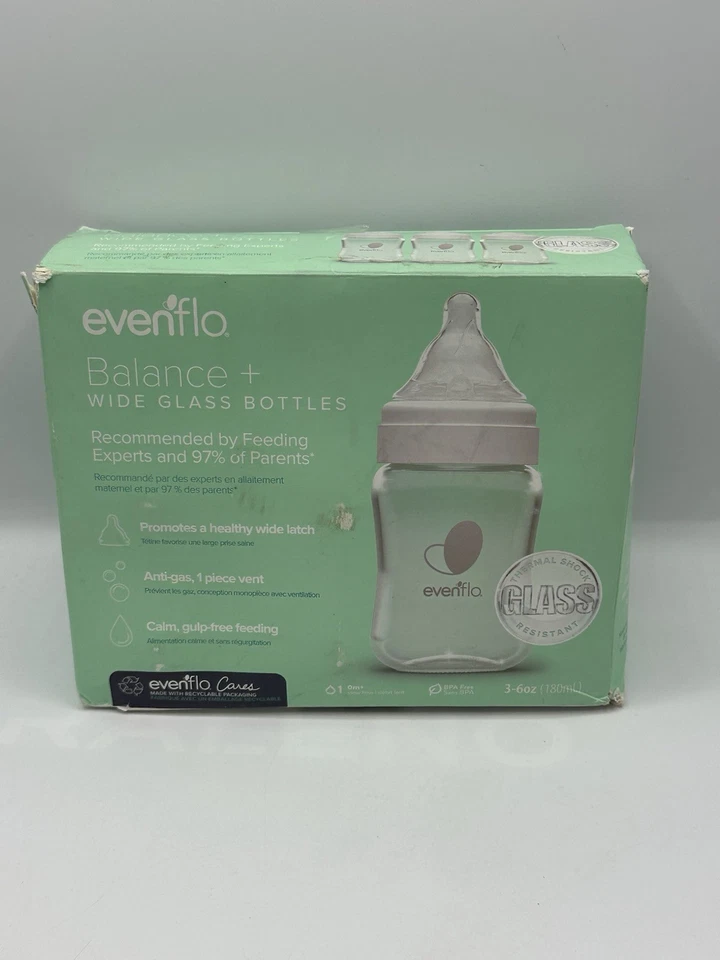 3 Pack Evenflo Balance Wide-Neck Glass Anti-Colic Baby Bottles 6oz