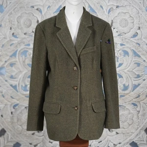 L.L.Bean Women’s 12P Green Wool Cashmere Herringbone Blazer Jacket Gently Beaded - Picture 1 of 10