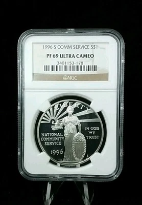 1996 S $1 COMM SERVICE COMMEMORATIVE DOLLAR NGC PF 69 ULTRA CAMEO  5827 - Image 1 of 2