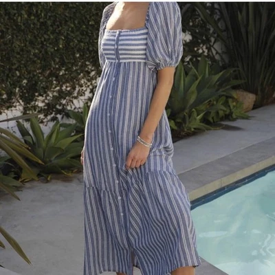 Vestido Love Tomas Emerson Fry Rayas Azul Blanco Manga Abullonada Midi ML NUEVO CON ETIQUETAS Foto 1 de 4