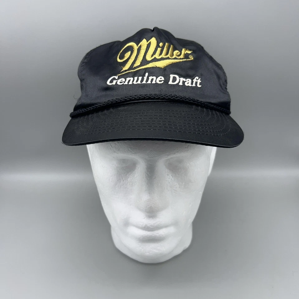 ВИНТАЖНЫЙ Miller подлинный проект шляпа мужской черный крышка Snap назад веревки пива промо 90-х - Изображение 1 из 4