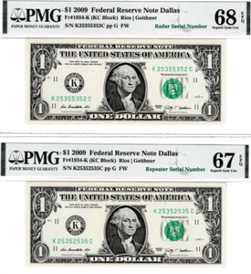 $1 Federal Reserve Notes RADAR & REPEATER S/N 25355352 & 25352535 DALLAS PMG 68 - Picture 1 of 3