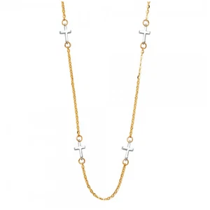 14K Solid Yellow White Gold Sideways Cross Station Pendant Rolo Chain Necklace - Picture 1 of 1