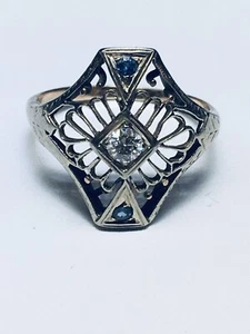 Art Deco (ca. 1920) 14K Yellow Gold White Gold Diamond & Sapphire Ring (Size 7) - Picture 1 of 11