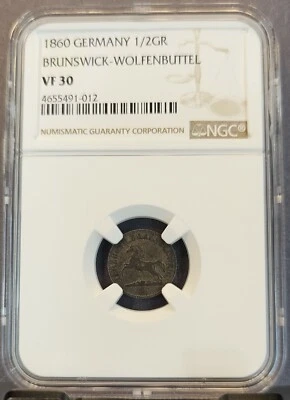 1860 GERMANY SILVER 1/2 GROSCHEN BRUNSWICK WOFENBUTTEL NGC VF 30 RARE TOP POP 1 - Image 1 of 3