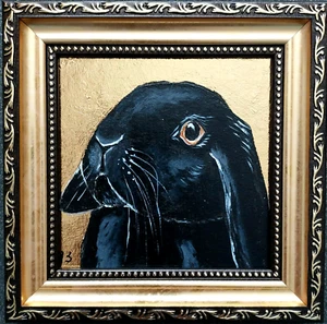 Pintura Conejo Negro Original Hoja de Oro Arte Enmarcado T Pintura Conejo - Imagen 1 de 9