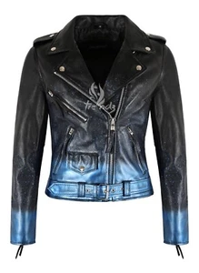 Giacca di pelle donna Brando blu brillante scintillante biker moda giacca slim fit - Foto 1 di 5