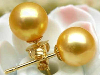GORGEOUS AAA8-9 MM NATURAL SOUTH SEA GOLDEN ROUND PEARL EARRINGS 14K YELLOW GOLD - Image 1 of 4