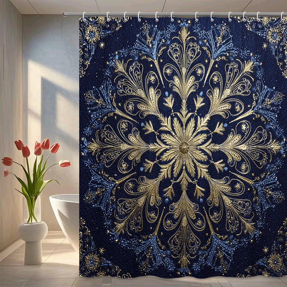 Cortina de ducha diseño mandala azul real y dorado para baño elegante de lujo Foto 1 de 4