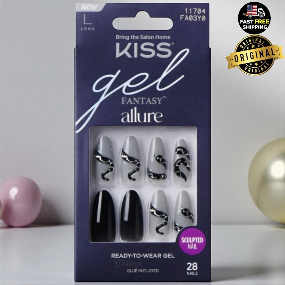 kiss Gel Fantasy Press On Nails Black/ Gray Allure Long 11704 Glue Included - Image 1 of 1