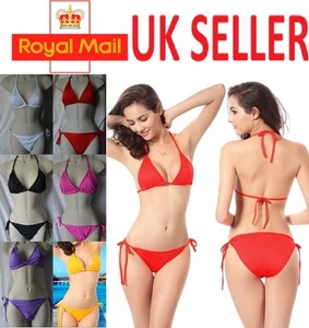 Set bikini triangolo tinta unita cravatta laterale top e fondo costume da bagno taglia UK 8 10 12 - Foto 1 di 17