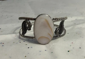 Mother of Pearl 925 Silver Plated Natural Gemstone Adjustable Bangle Bracelet - Picture 1 of 8