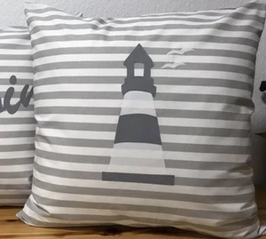 1 Maritime Pillow Case, Cushion Lighthouse Grey/White Striped 50x50cm - Picture 1 of 5