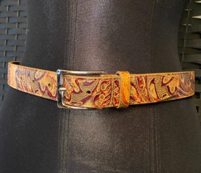 CINTURÓN DE CUERO VINTAGE VIA SPIGA rojo tostado remolino hebilla de latón plateado MEDIANO 29 - 31" Foto 1 de 4