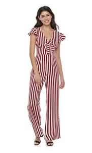 Love, Fire Juniors Stripped Wide Leg Knot Front Jumpsuit Red/White Size Large - Foto 1 di 2