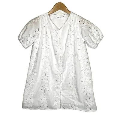 Zara Kids Girls White Cotton Eyelet Embroidered Puff Sleeve Button Dress Size 10 - Image 1 of 4